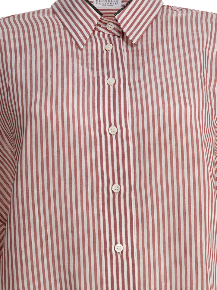 Brunello Cucinelli Linen And Silk Striped Organza Shirt With Shiny Collar Detail Shirts - Bordeaux | 99efac19c8a8427cf4bf9a583bf27f521bc6d6c3