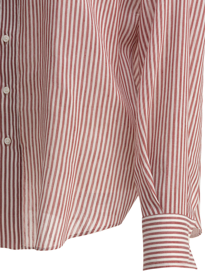 Brunello Cucinelli Linen And Silk Striped Organza Shirt With Shiny Collar Detail Shirts - Bordeaux | e3f41abc22235669395762bde19f689062ca5b98