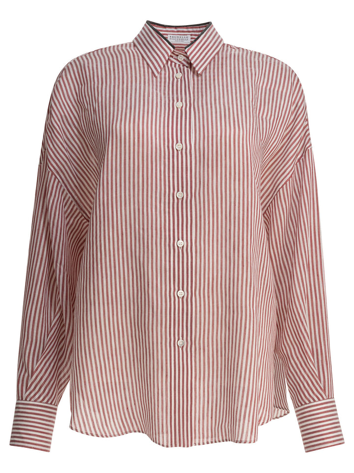 Brunello Cucinelli Linen And Silk Striped Organza Shirt With Shiny Collar Detail Shirts - Bordeaux | eee0c621e85a51bf789d96d2282b508f88d9c901