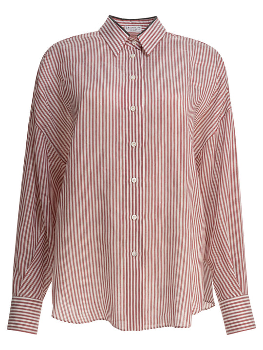 Linen And Silk Striped Organza Shirt With Shiny Collar Detail Shirts Bordeaux