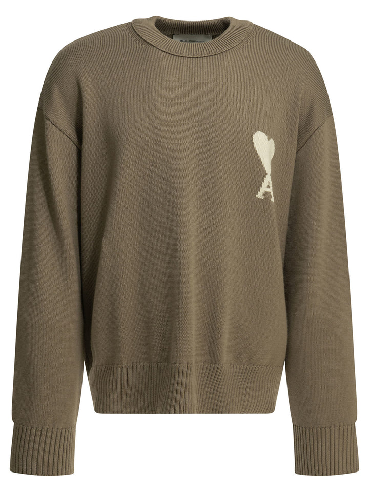Ami Paris Wool-Blend Crew-Neck Sweater Knitwear - Beige | bdc4e333fe70b43454236ab2a49e057562b0ed8c