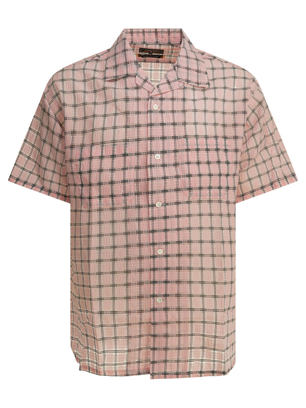 Open Collar Nylon Airy Plaid Shirts Pink