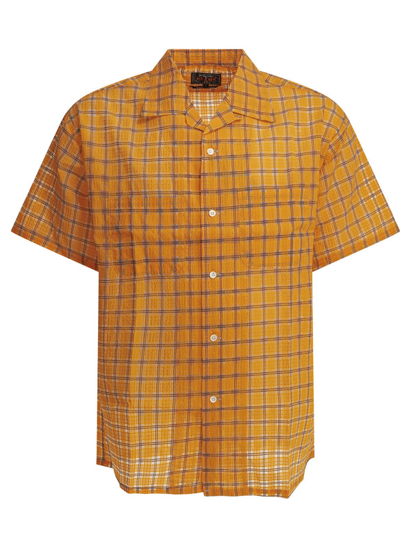 Open Collar Nylon Airy Plaid Shirts Orange