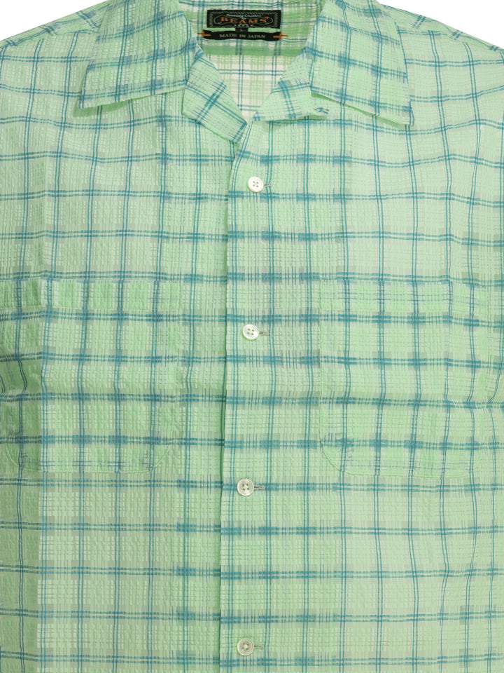 Beams Plus Open Collar Nylon Airy Plaid Shirts - Green | ec16221cdcee25af7310e8ef1361abe6b1b981c8