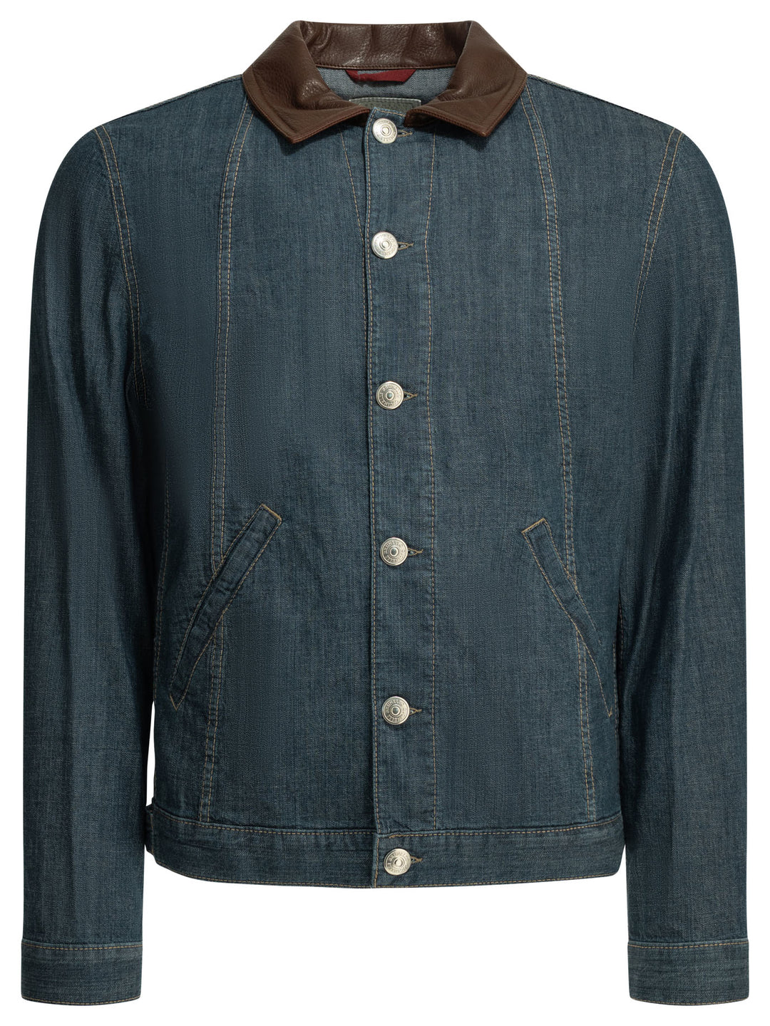 Brunello Cucinelli Denim Jacket With Leather Collar Jackets and Coats - Blue | 5937f2f1f3d466bdb266801ecb8e16036aef788d