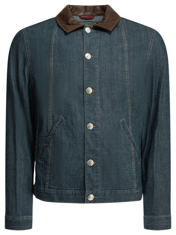 Denim Jacket With Leather Collar Jackets And Coats Blue