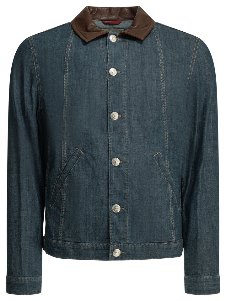 Brunello Cucinelli Denim Jacket With Leather Collar Jackets and Coats - Blue | 5937f2f1f3d466bdb266801ecb8e16036aef788d
