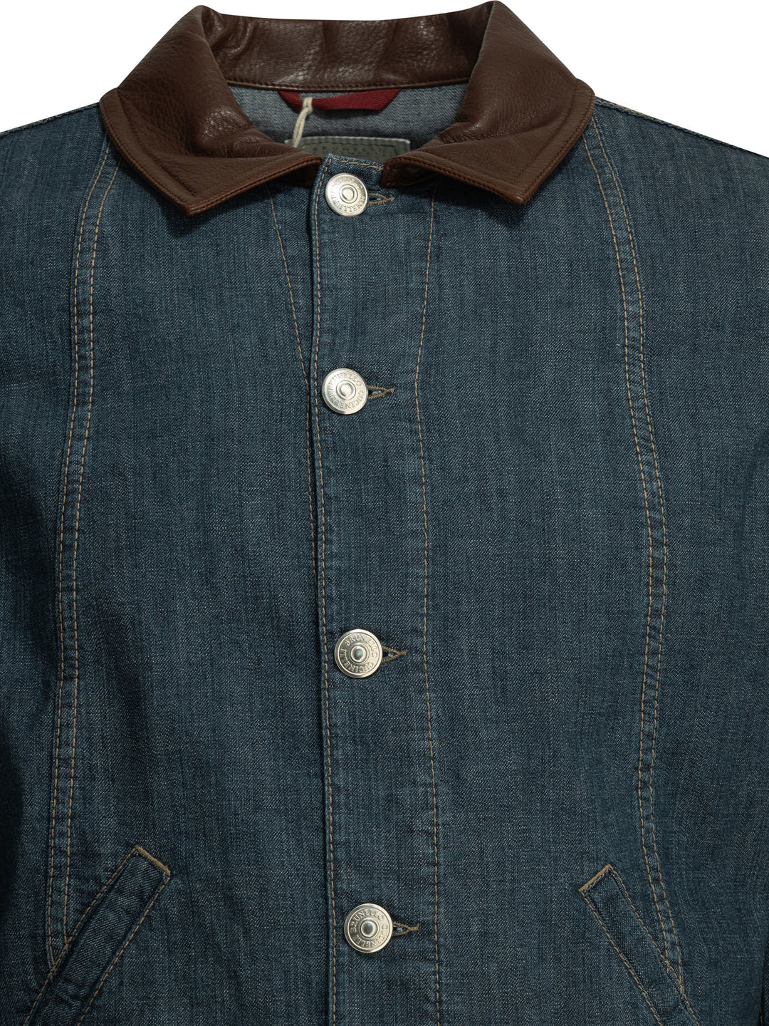 Brunello Cucinelli Denim Jacket With Leather Collar Jackets and Coats - Blue | 65de6cc929d462741161838ac7a3b6659a4b8c09