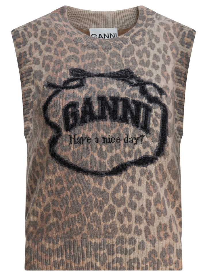 Ganni Wool Vest With Logo Knitwear - Brown | eee42e6aaca6a18ba15c0c60487d5faf9b013460