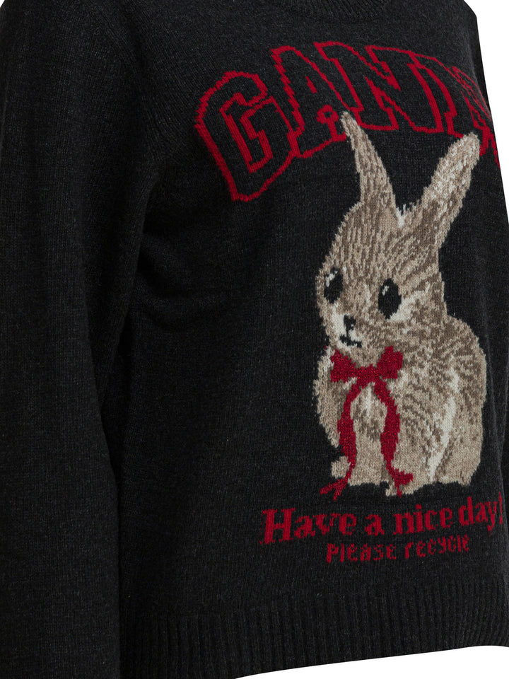 Ganni Wool Sweater With Print Knitwear - Black | 926b8e4b8cc8c92ebc772d9017c93f366128af85