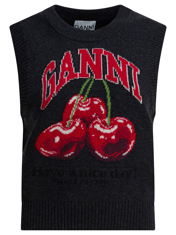 Ganni Wool Vest With Logo Knitwear - Black | c105458c007e201aa09e3c204e5a3ce5d1f08be3