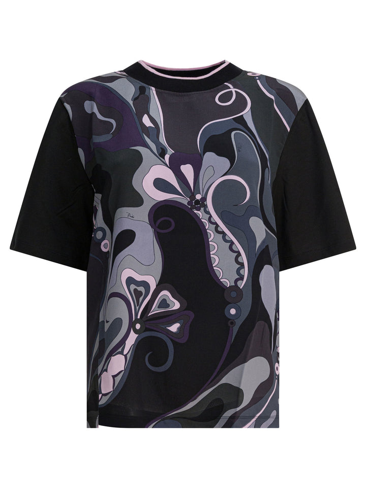 Pucci Cotton And Silk Crewneck T-Shirt With Print T-shirts - Black | 5d418871690da1e6c7c3dc0ef001aeeda1be8926