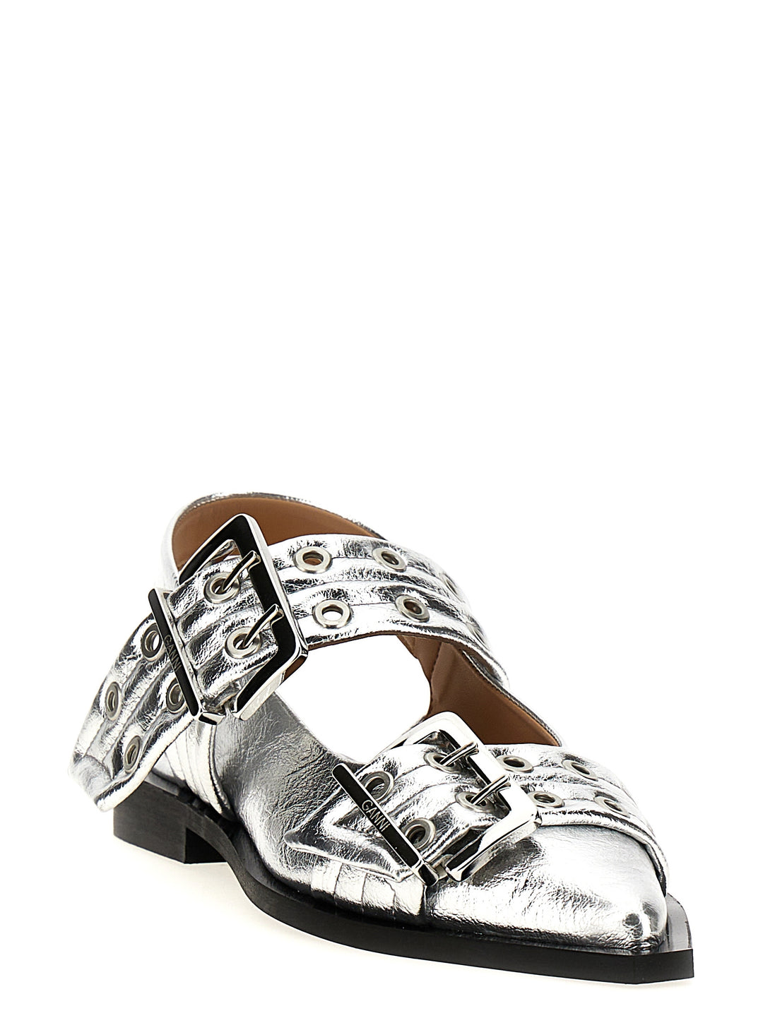 Wide Belt Buckle Flat Shoes Silver