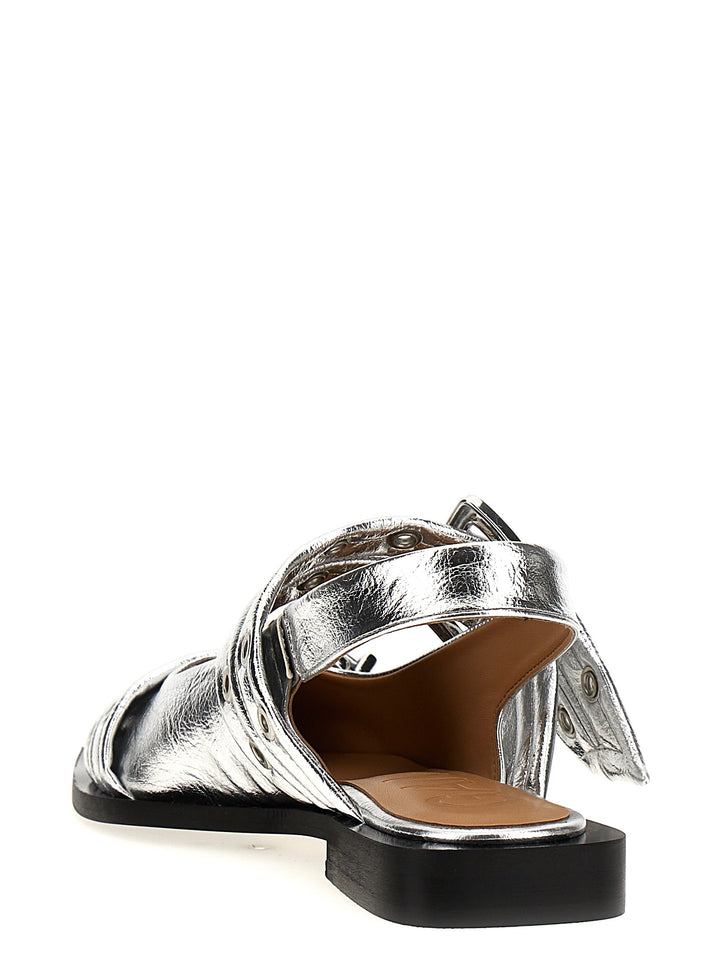 Wide Belt Buckle Flat Shoes Silver