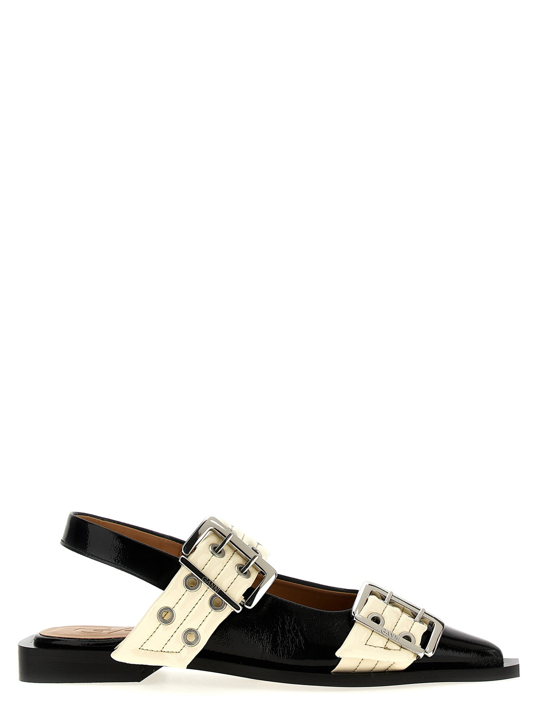 Wide Belt Buckle Flat Shoes White/Black