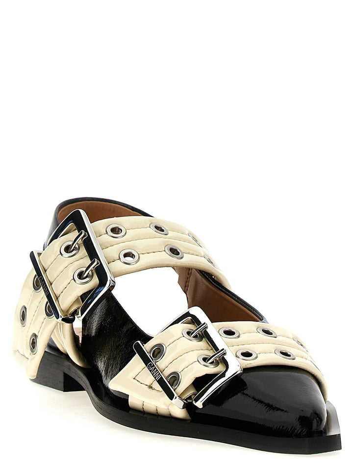 Wide Belt Buckle Flat Shoes White/Black