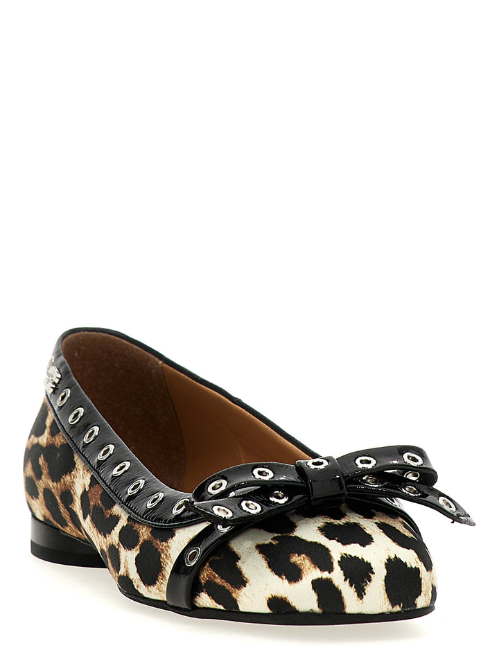 Leopard Eyelets Bow Flat Shoes Multicolor