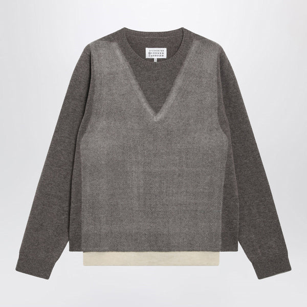 Crewneck Lambswool Sweater In Mud And Ecru