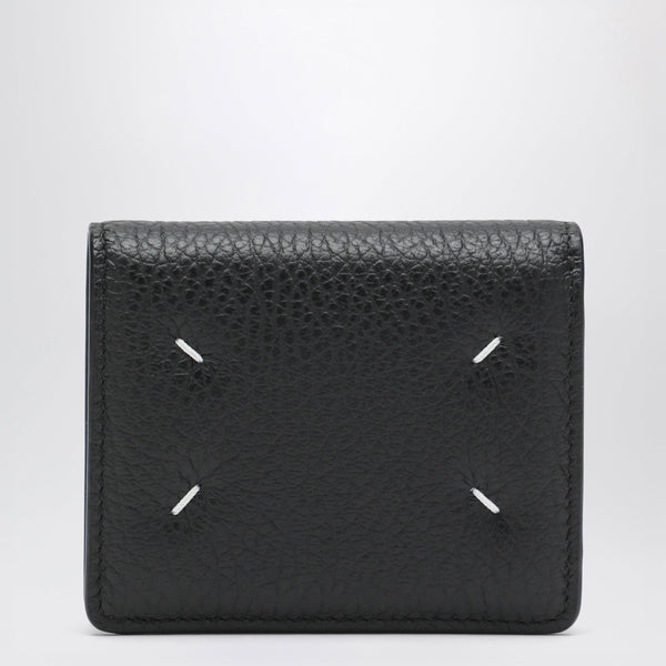 Four Stitches Compact Grained Leather Card Holder In Black
