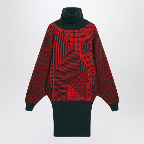 Red/Forest Green Jacquard Knit Mini Dress In Wool