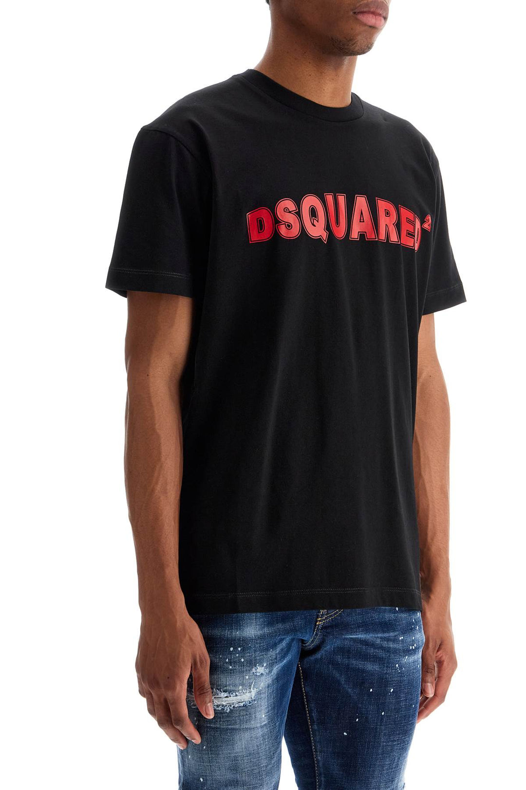 Men's Black Cotton T Shirt With Red Logo