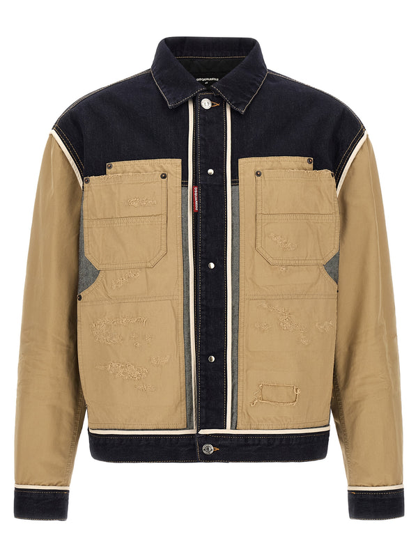 Two-Material Denim Jacket Puffer Jackets Beige