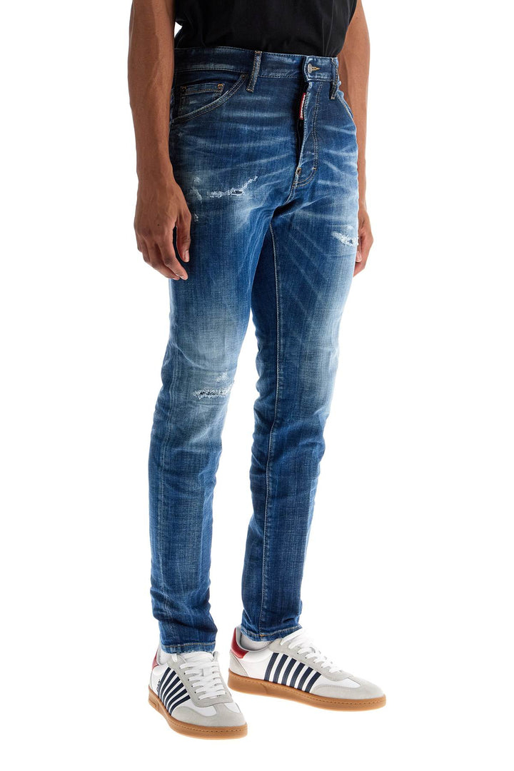 Navy Blue Cotton Jeans With Worn Effect 5 Pockets