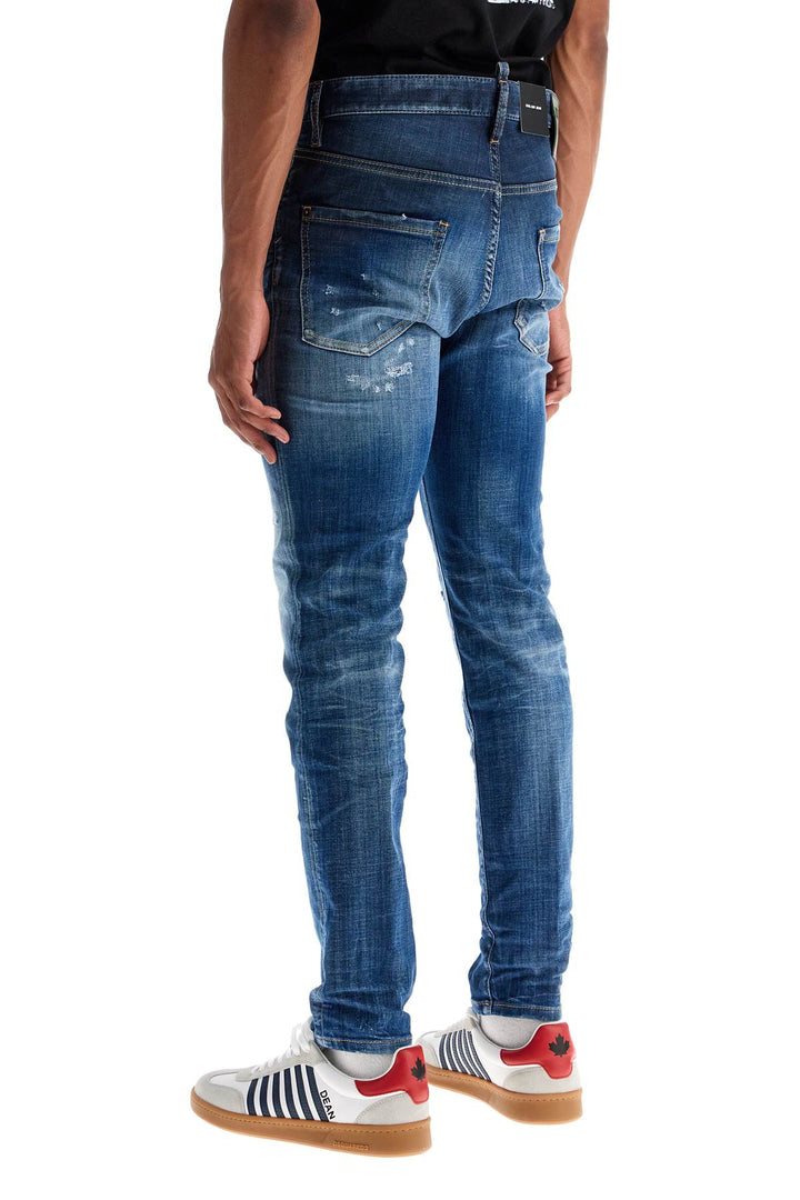 Navy Blue Cotton Jeans With Worn Effect 5 Pockets