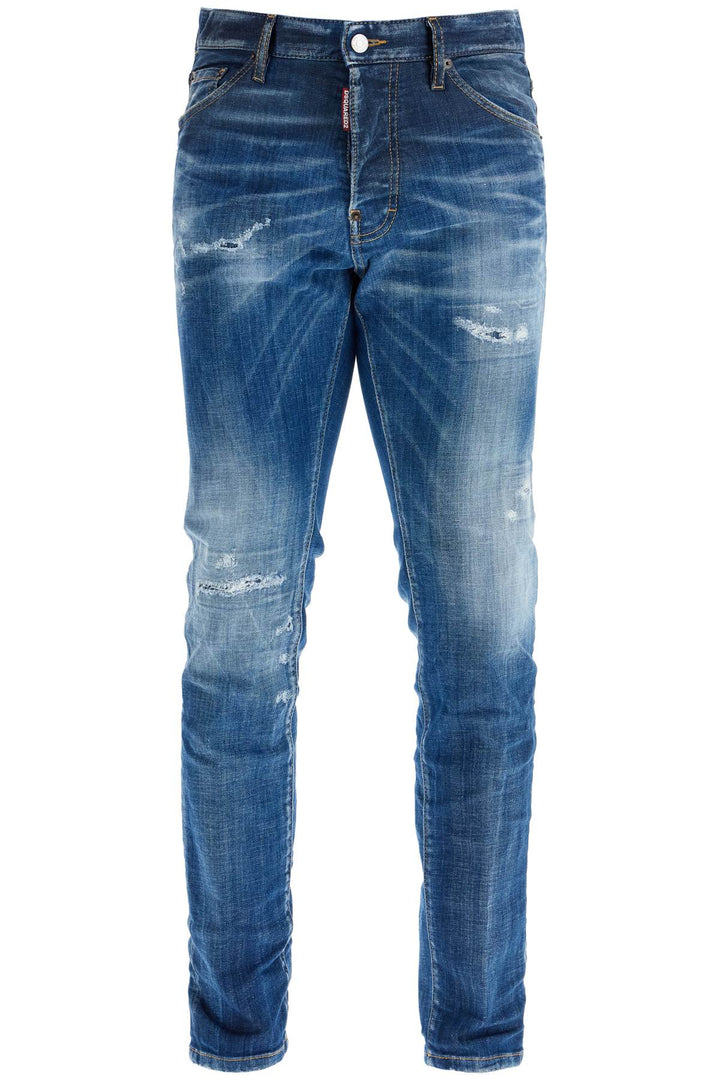 Navy Blue Cotton Jeans With Worn Effect 5 Pockets