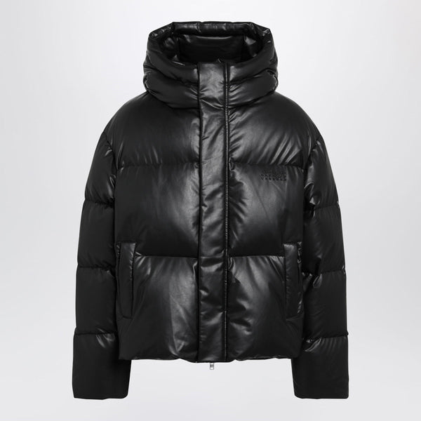 Hooded Down Jacket In Glossy Leather Black