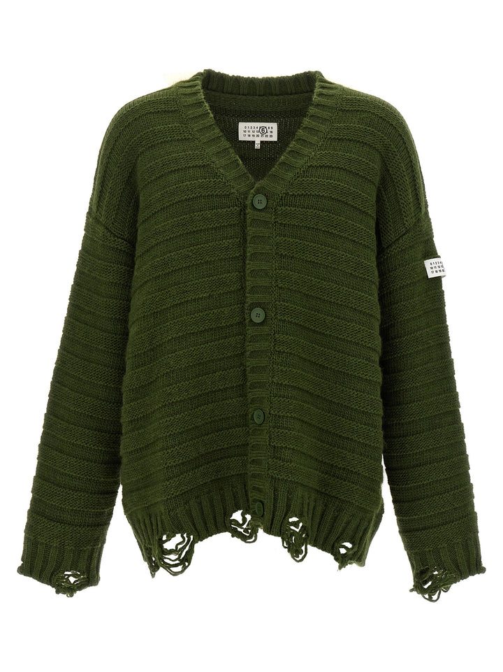 Destroyed Ribbed Cardigan Sweater, Cardigans Green