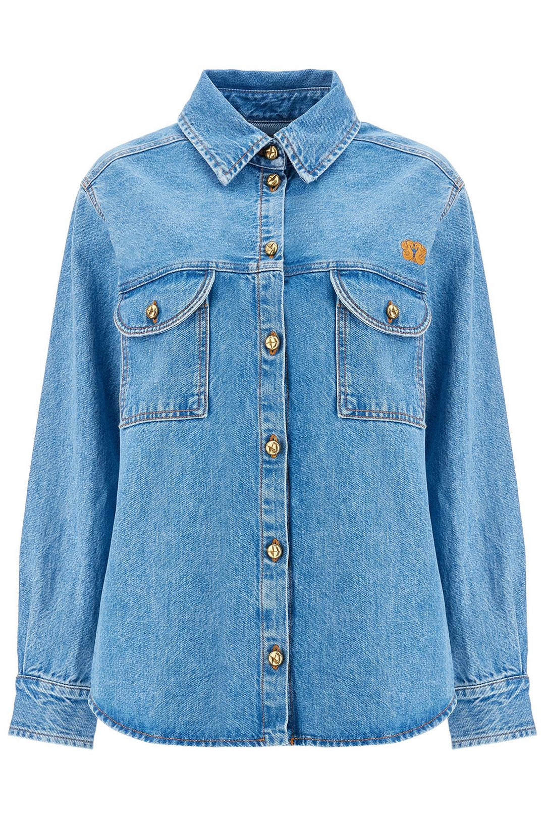 Blue Denim Shirt In Cotton With High Collar