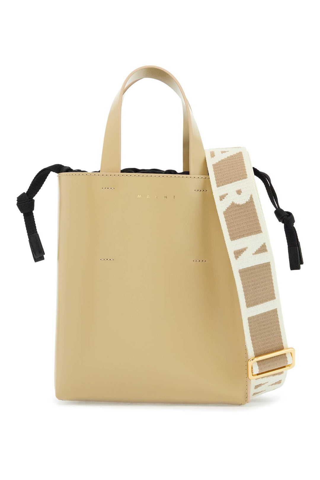 Beige Leather Shopping Bag With Short Handles And Shoulder Strap