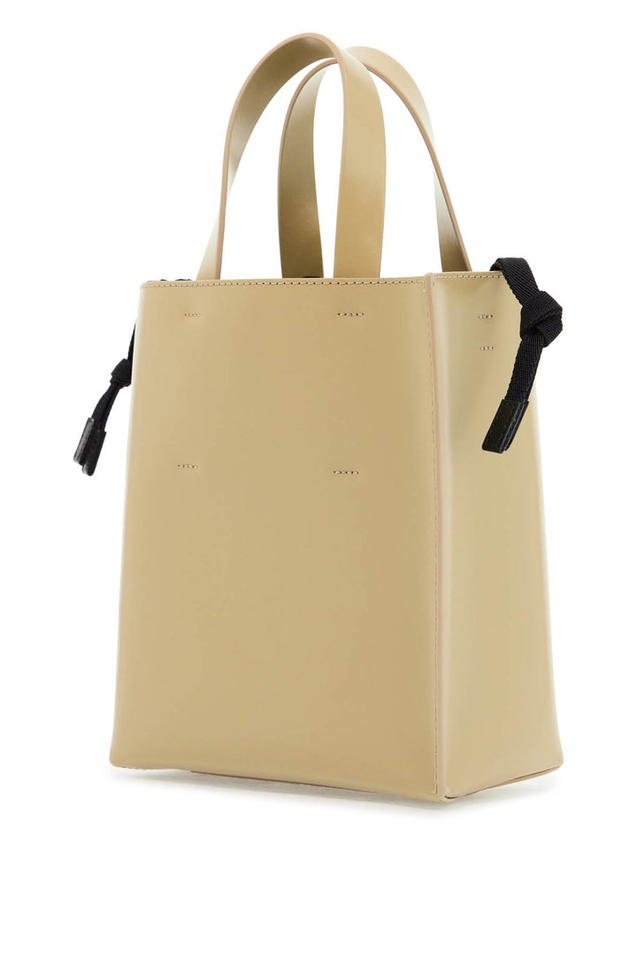 Beige Leather Shopping Bag With Short Handles And Shoulder Strap