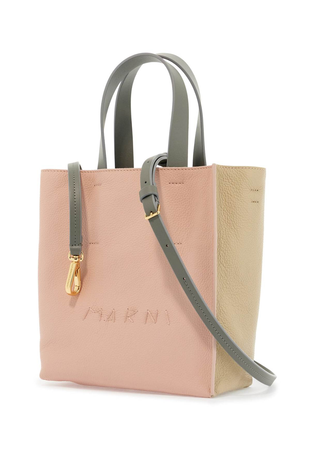 Pink And Beige Calfskin Shopping Bag With Gray Handles