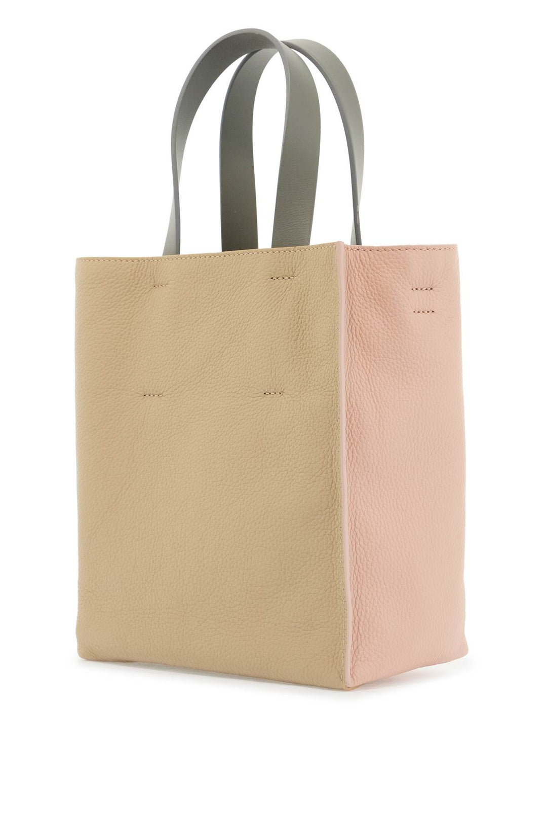 Pink And Beige Calfskin Shopping Bag With Gray Handles