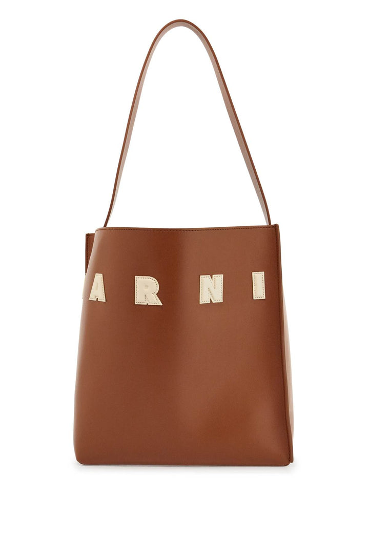 Brown Structured Calfskin Shopping Bag With Ivory Details