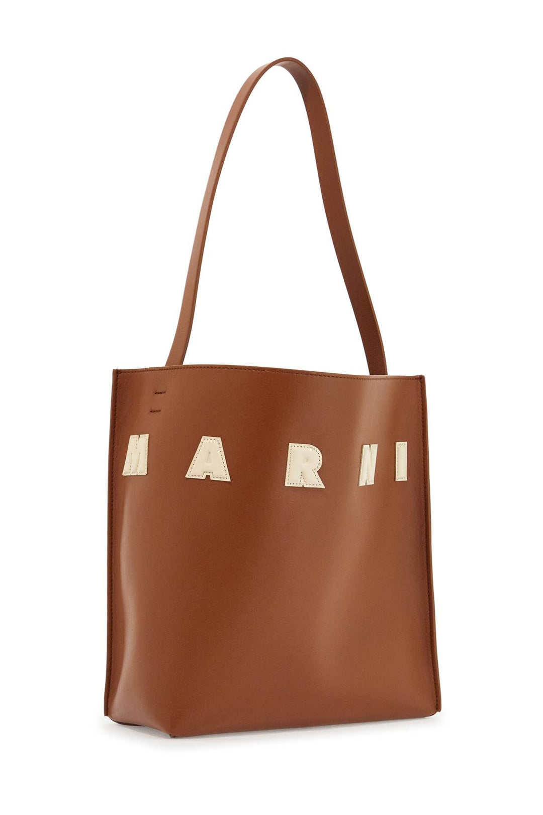 Brown Structured Calfskin Shopping Bag With Ivory Details