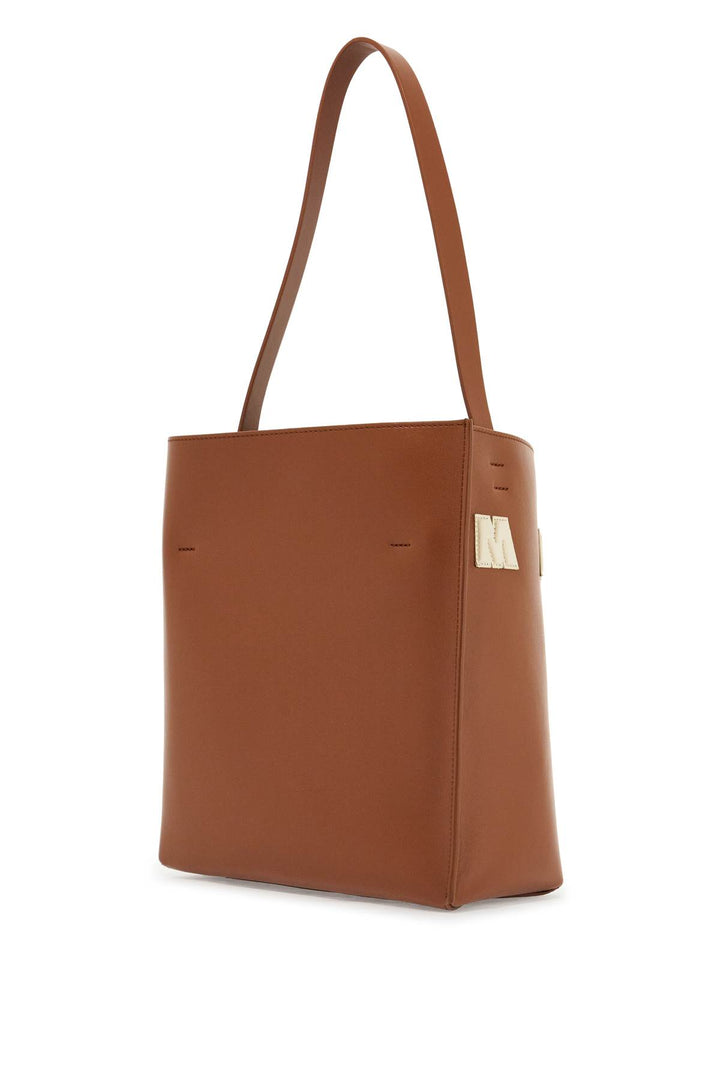 Brown Structured Calfskin Shopping Bag With Ivory Details