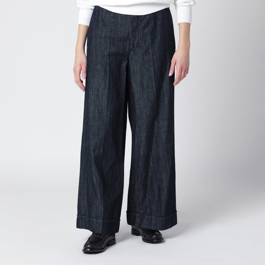 Straight Navy Blue Cotton And Linen Denim Trousers