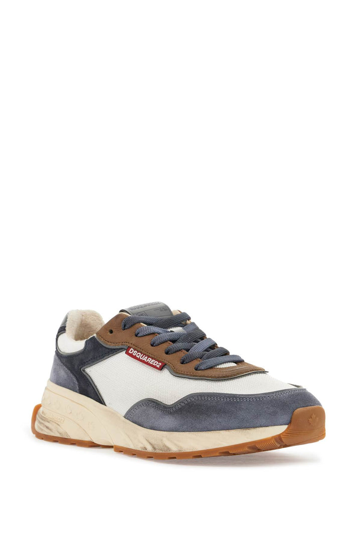 Low Top Blue Denim Sneakers In Leather With Suede Inserts And Rubber Sole