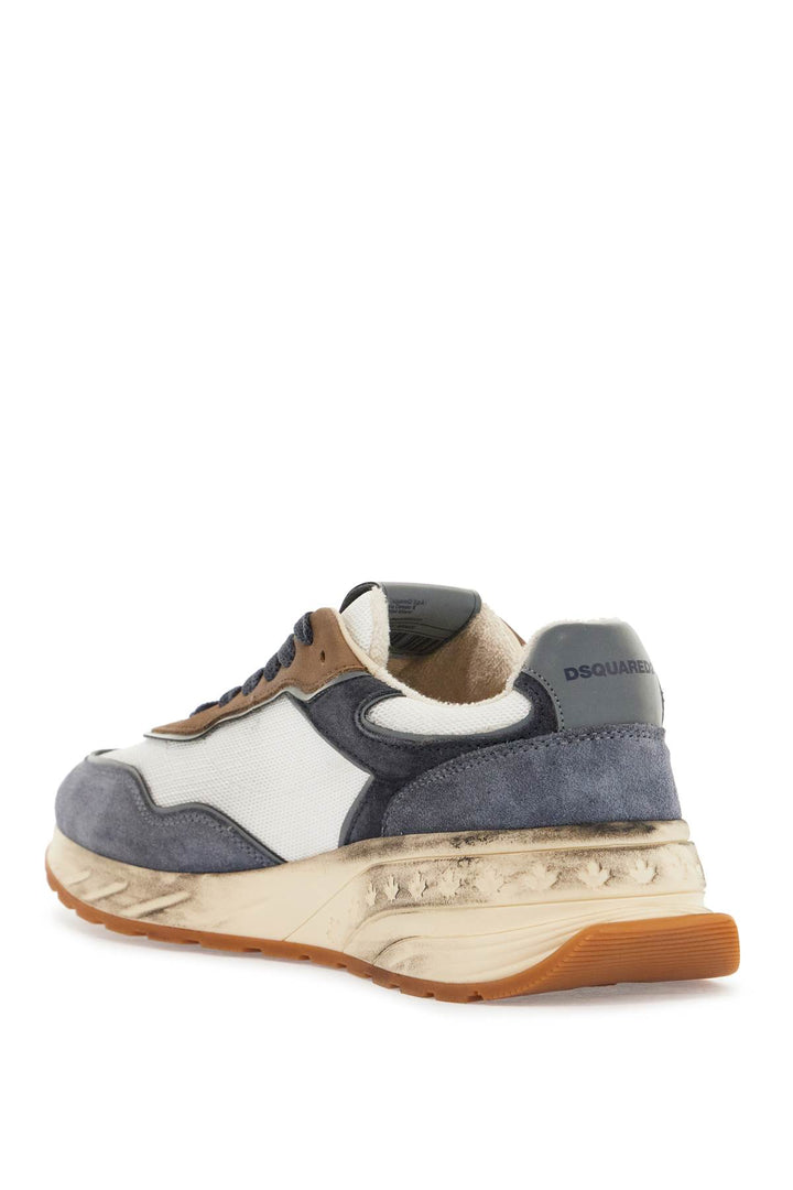 Low Top Blue Denim Sneakers In Leather With Suede Inserts And Rubber Sole