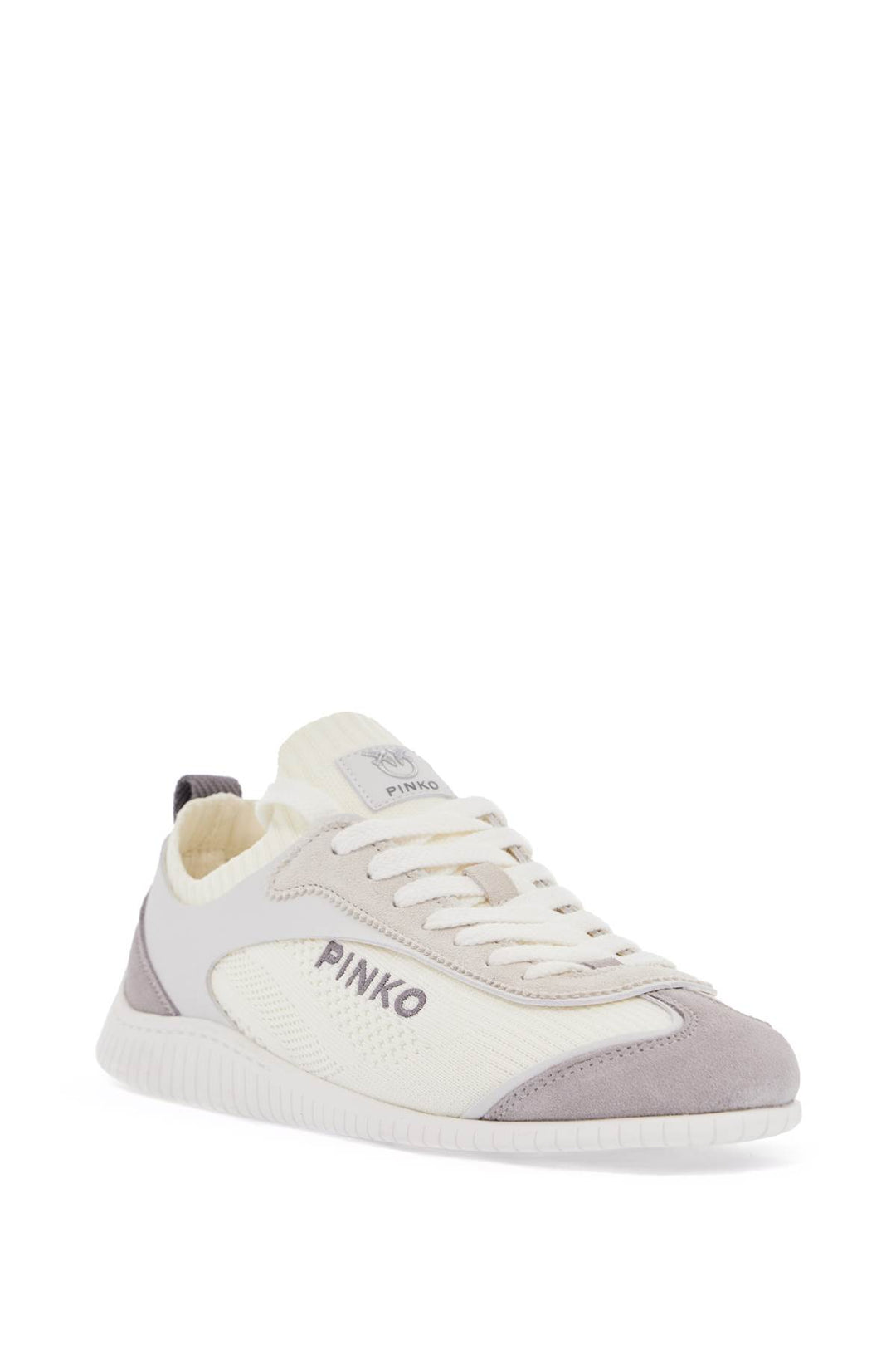 White Latte Knit Fabric Sneakers With Light Gray Details