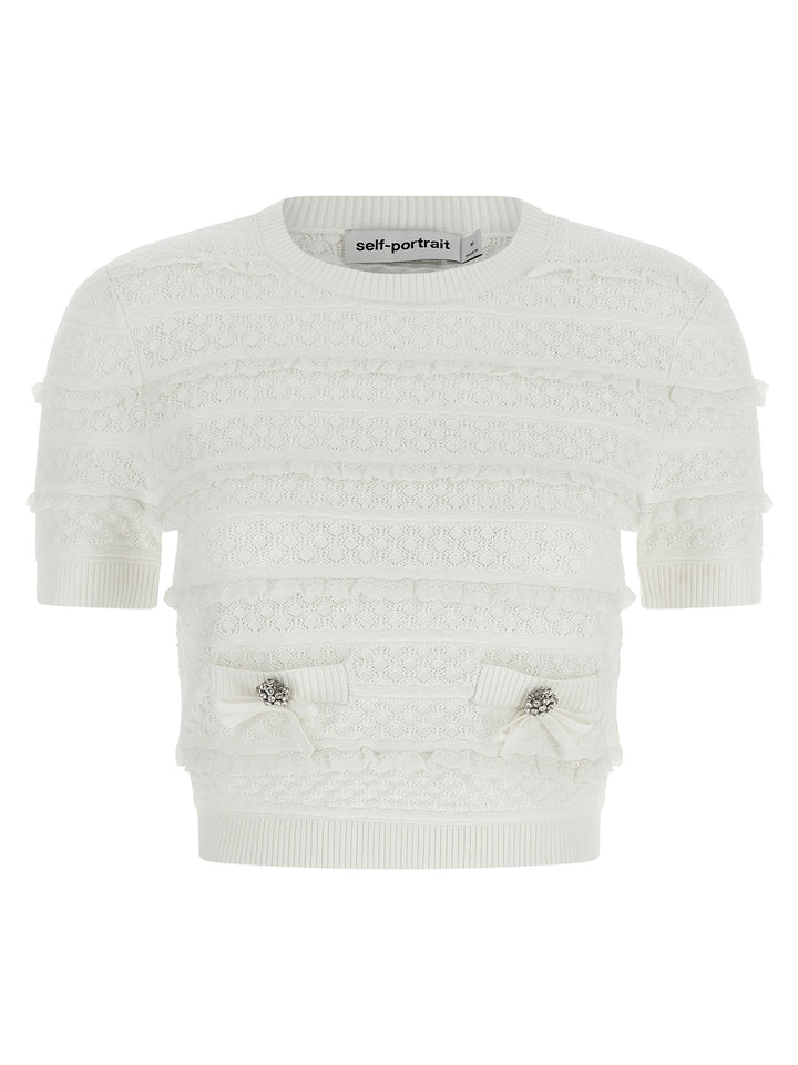 Self Portrait Pointelle Knit Tops - White | a160556858a9d441b0ace5b83eeaf08a7d660efc