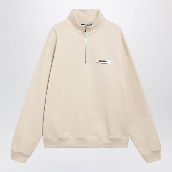 Beige Half-Zip Sweatshirt With Grosgrain Logo