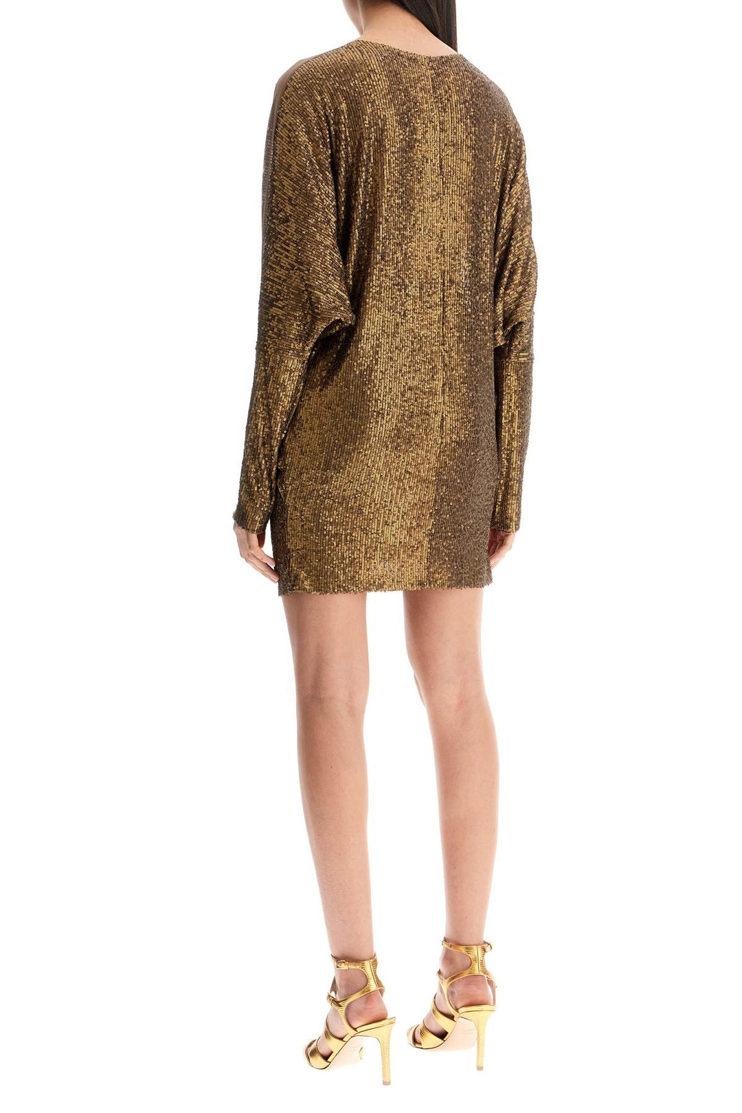 Mini Wrap Dress With V Neck Long Sleeves Shimmering Bronze Cocktail