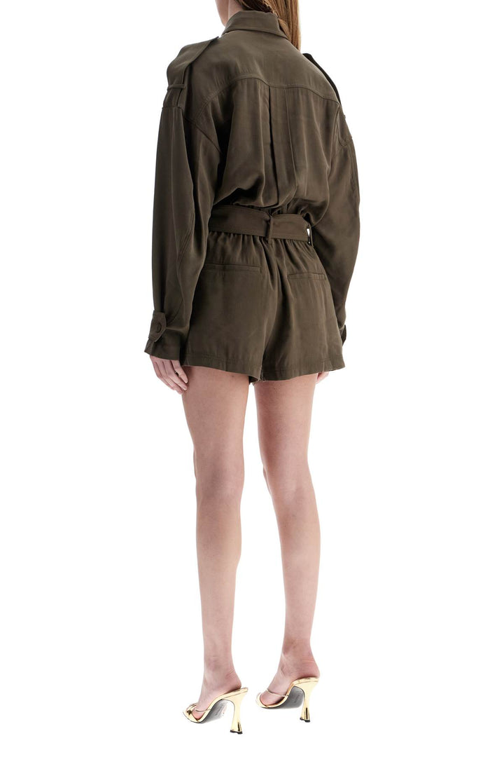 Khaki Viscose Short Jumpsuit With Adjustable Waist