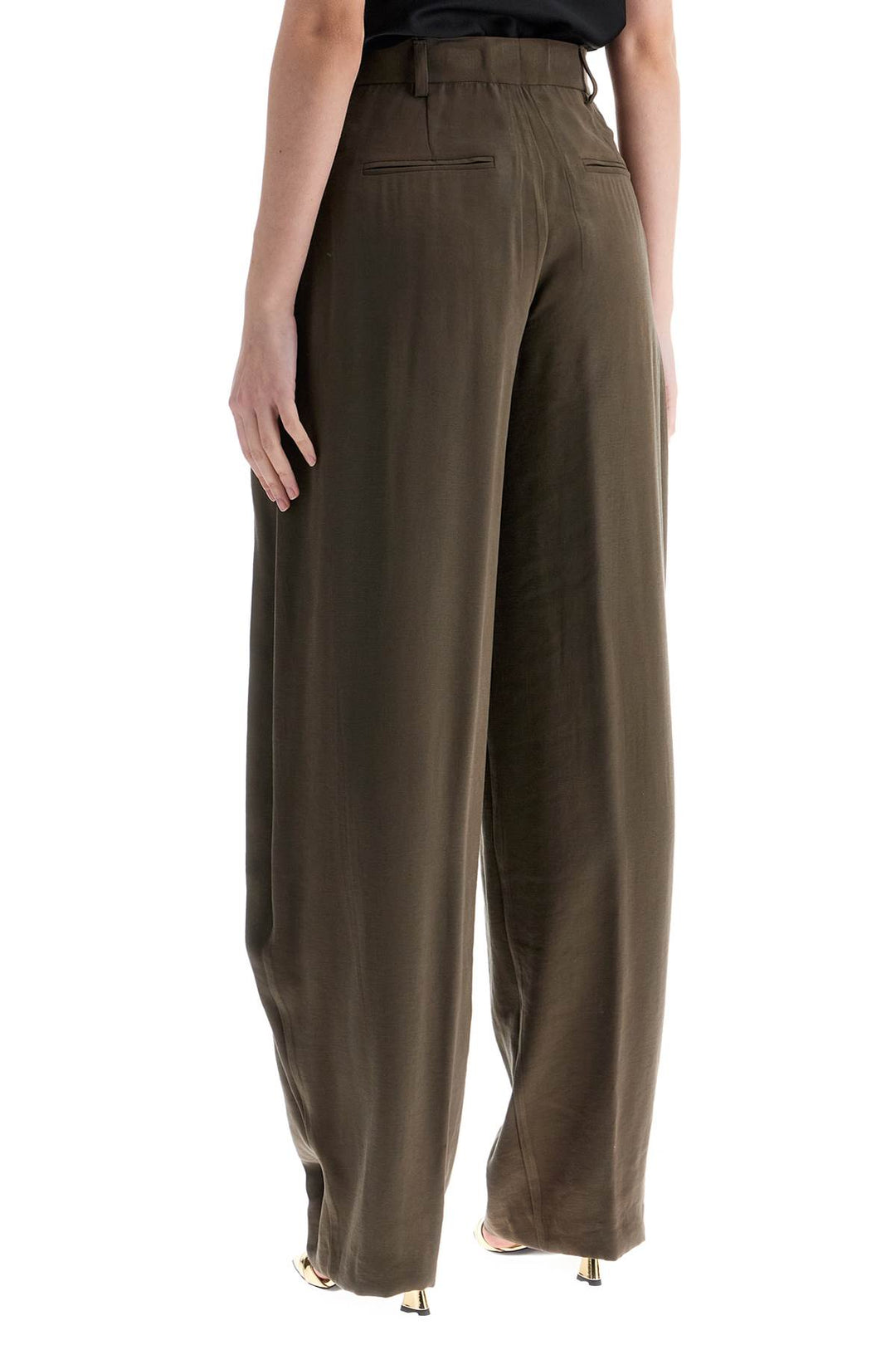 Khaki Wide Leg Viscose Trousers With Front Pleats