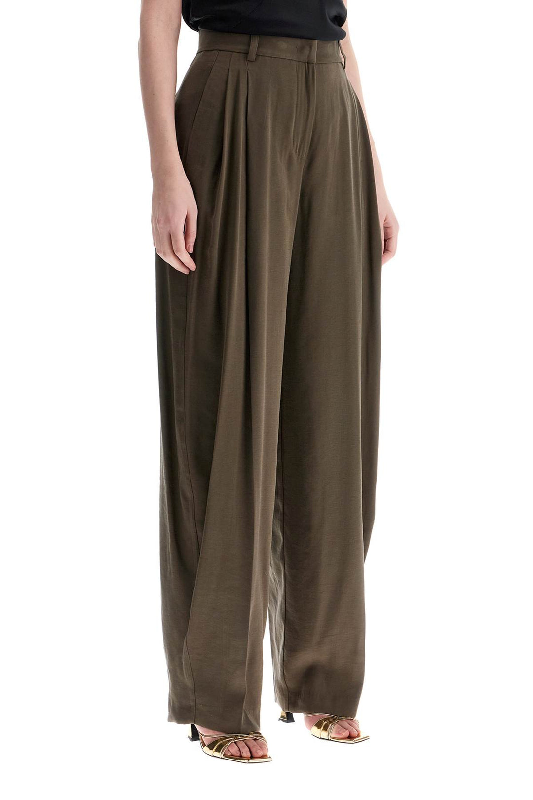 Khaki Wide Leg Viscose Trousers With Front Pleats