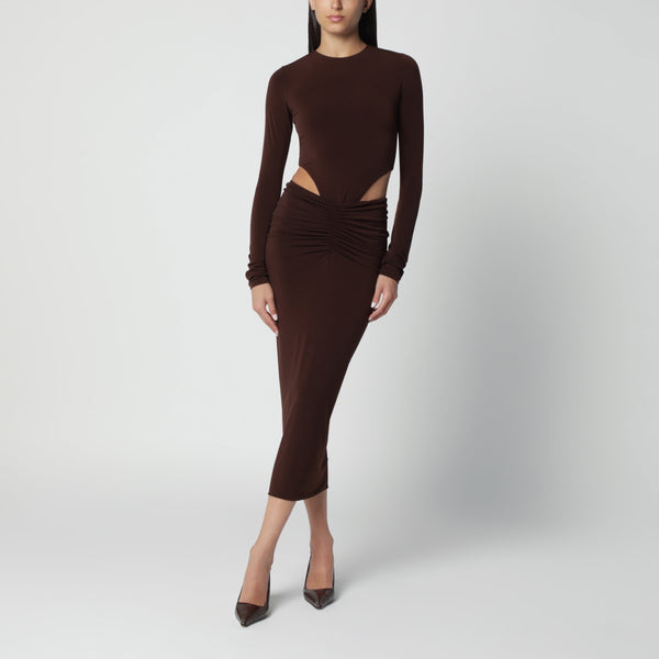 Brown Midi Dress With Waist Cut-Out Detail